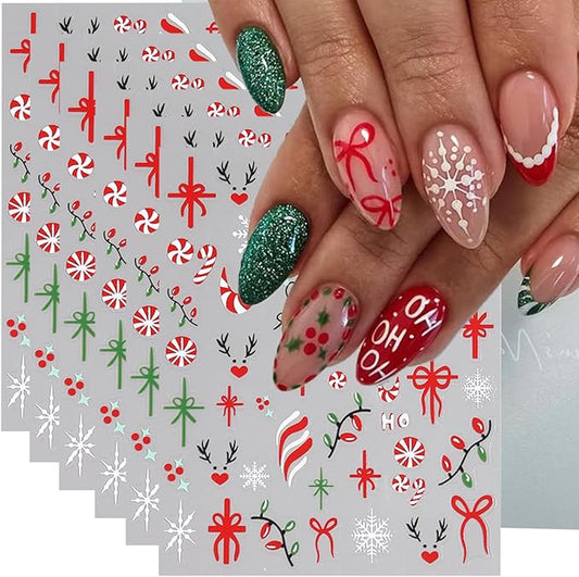 Christmas Nail Stickers for Nail Art, French Gift Bow Snowflake Nail Art Stickers 6PCS Colorful Light Candy Cane Deer HoHo Xmas Nails Design Adhesive Decals for Acrylic Nails DIY Manicure Decorations