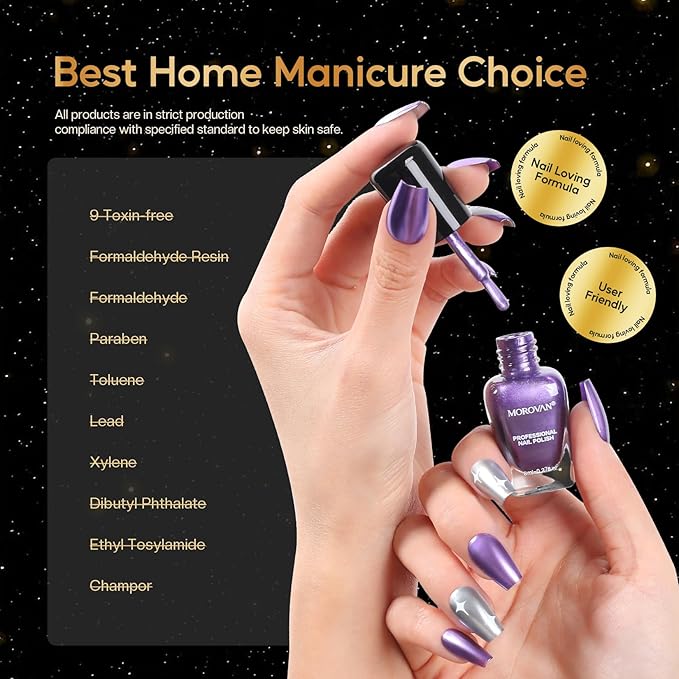 Morovan Metallic Chrome Mirror Quick Air Dry Nail Polish Set: Gold, Silver, Purple - 6 Colors, No UV Curing, Long Lasting, Safe & Healthy, Perfect for DIY Manicure