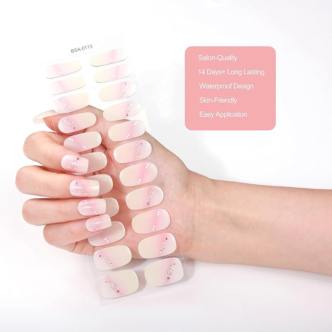 No Lamp Gel Nail Strips 22 Pcs Wraps - Swoosh Pink, Easy Apply Gel Nail Stickers Long Lasting, Salon-Quality, 2 Prep Pads, 1 File, 1 Wooden Stick