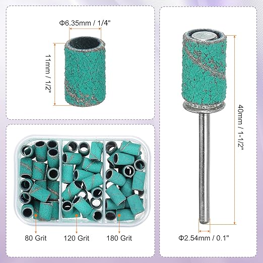 HARFINGTON 76pcs Small Sanding Bands 80/120/180 Grit for Nail Drill Bits Mini Sanding Band with 2.35mm Mandrel for Nails Gel Manicures Green