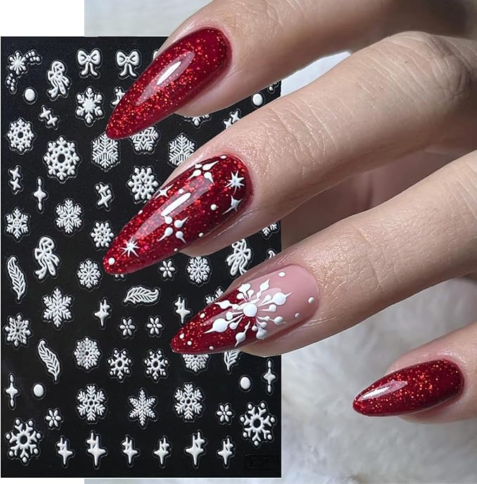 4Sheets Self-Adhesive White Snowflake Nail Art Stickers 3D Embossed Christmas Nail Decals Snowflakes Nail Stickers with Shell Light Design Nail Decal White Bow Star Nail Sticker for Women Nails Decor