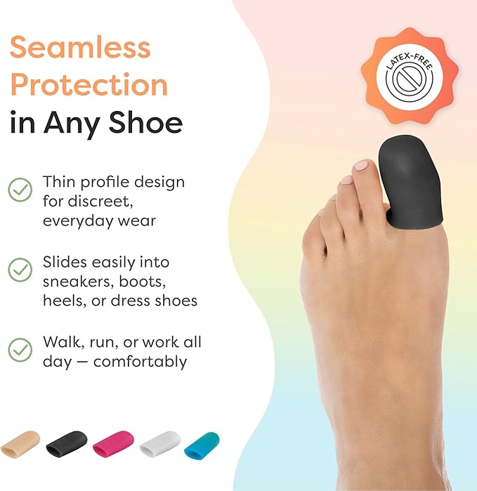 ZenToes 6 Pack Gel Toe Cap and Protector - Cushions and Protects to Provide Relief from Missing or Ingrown Toenails, Corns, Blisters, Hammer Toes (Large, Black)
