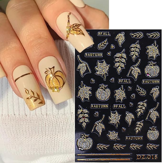 2 Sheets Fall Nail Stickers for Nail Art Glitter Gold Leaf Nail Art Stickers Embossed Autumn Pumpkin Nail Decals 5D Self-Adhesive Diamond Nail Design Sticker for Women Thanksgiving Nails Decoration