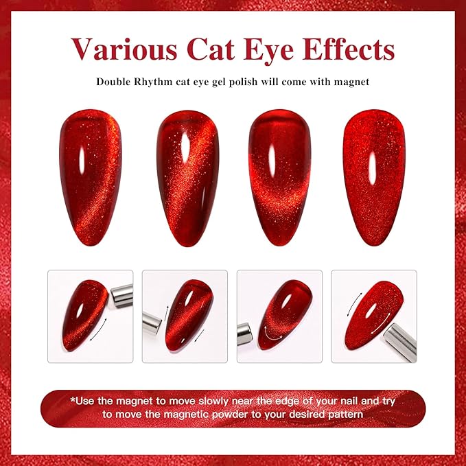 Double Rhythm 0.5 OZ Cat Eye Gel Polish with Magnet 15ML Holographic Glitter Shimmer Translucent Jelly Color Magnetic Nail Polish Salon DIY at Home (Blood Red-MC1046)