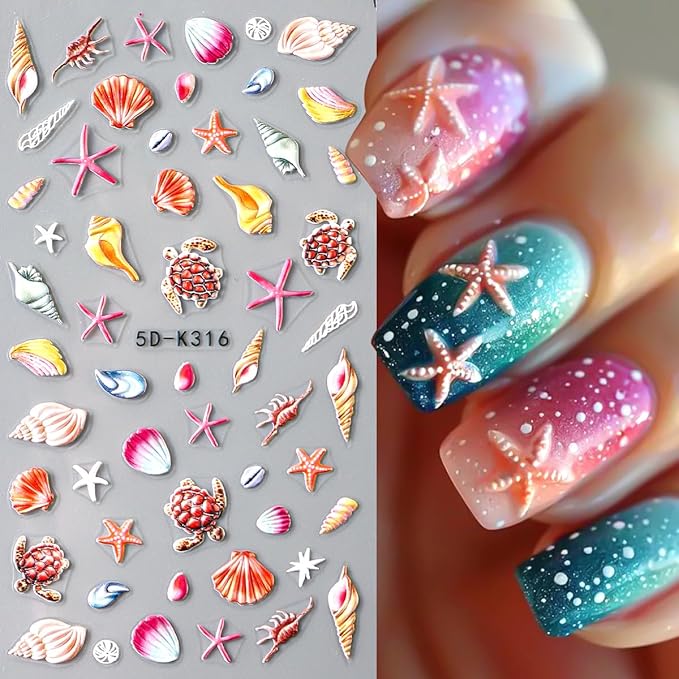 2pcs Summer Nail Stickers Starfish Seashell Turtle 5D Acrylic Engraved Nail Decals Ocean Theme Self-Adhesive Sliders Beach Nail Stickers for Women Girl Manicure Decoration Nails Supplies