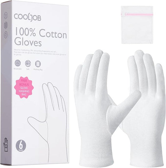 COOLJOB 100% Cotton Gloves, 6 Pairs White Cotton Gloves for Dry Hands Moisturizing & Eczema, Overnight Lotion, Sleep & Spa Treatment for Women & Men, Breathable Work Glove Liners, Medium Size