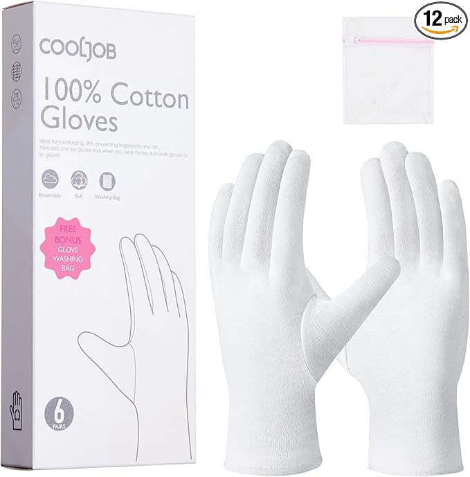 COOLJOB 100% Cotton Gloves, 6 Pairs White Cotton Gloves for Dry Hands Moisturizing & Eczema, Overnight Lotion, Sleep & Spa Treatment for Women & Men, Breathable Work Glove Liners, Large Size