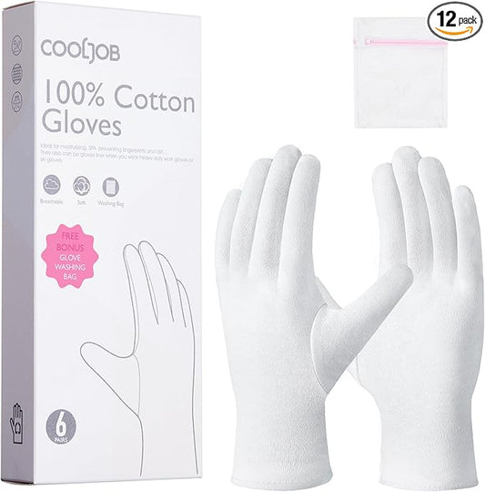 COOLJOB 6 Pairs 100% Cotton Gloves for Dry Hands Moisturizing & Eczema, Overnight Lotion, Sleep & Spa Treatment for Women & Men, Breathable Work Glove Liners, White, Small