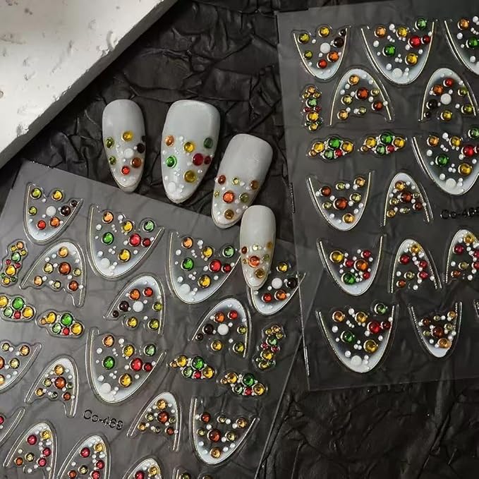 2 Sheets French Tip Nail Stickers for Nail Art Red Gems Design Nails Decals 5D Self Adhesive Colorful Rhinestone French Nails Art Stickers for Women Luxury Manicure Decoration Accessories