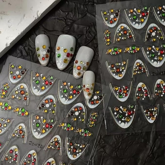 2 Sheets French Tip Nail Stickers for Nail Art Red Gems Design Nails Decals 5D Self Adhesive Colorful Rhinestone French Nails Art Stickers for Women Luxury Manicure Decoration Accessories
