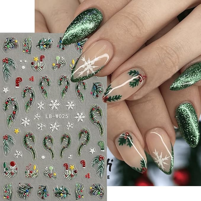 Christmas Nail Art Stickers Holly Leaf Snowflakes Nail Stickers 4PCS 5D Embossed Xmas Nail Decals Christmas Tree String Light Star Candy Cane Xmas Nails Art Design Supplies Adhesive Sliders for Women