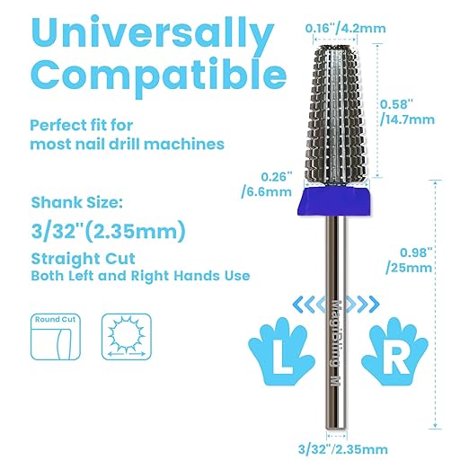 5 in 1 Nail Drill Bits, Straight Cut 3/32'' Professional Tungsten Carbide Bits, Two-way Rotation Easy for Left Hand, Hard Soft Gel Removal Fast Manicure Polishing, Medium
