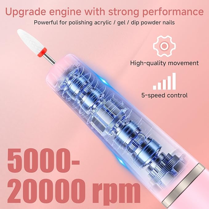 Electric Nail Filer, Professional Nail Drill Kit, Electric Nail Drill Kit, Portable File for Acrylic Gel Nails, Cordless Nail File Electric Manicure Pedicure Tools with Drill Bits for Home Salon