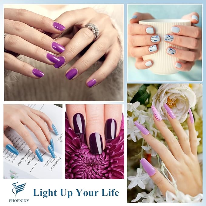 phoenixy 24 PCS Gel Nail Polish Kit，Blue Colors Gel Polish Set with Base Glossy Matte Top Coat Purple Pink Nail Polish Set