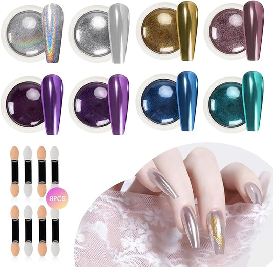 8 Colors Mirror Chrome Nail Powder Set Mirror Effect Holographic Chrome Nail Powder Iridescent And Pearlescent for Nail Art Decoration Glitter
