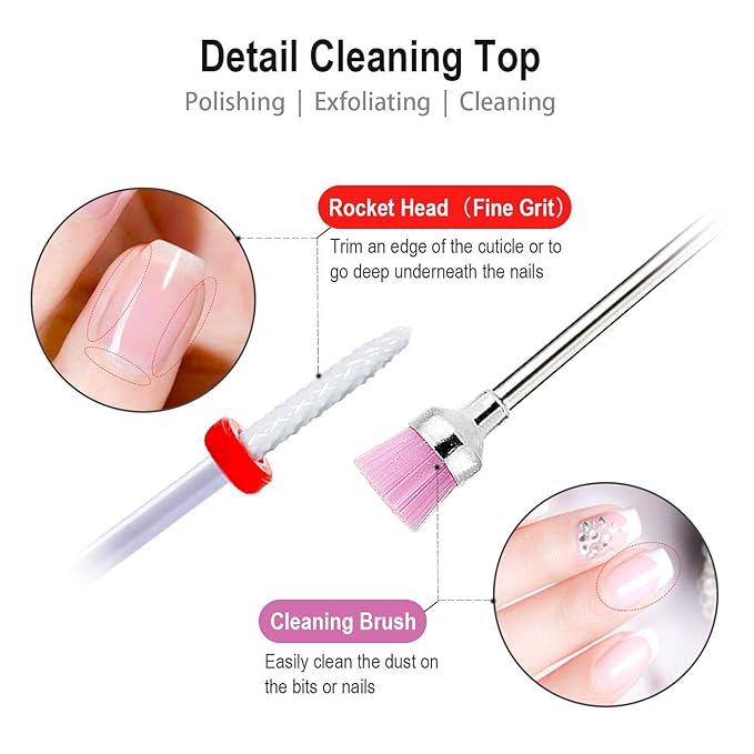8 Pcs Ceramic Nail Drill Bits Set with Holder for Electric Nail File Manicure Pedicure Acrylic Gel Polishing - 5 Sizes 3/32'' (2.35mm) Corn Head + Flame Top, Cuticle Bits, Cleaning Brush