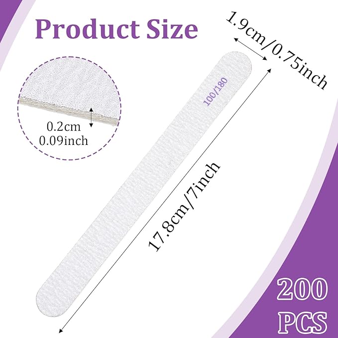 200Pcs 100/180 Grit Nail Files, Professional Double Sided Emery Board for Natural and Acrylic Nails, Reusable Fingernail Files Bulk, Manicure Tools for Salons Home Pedicure Beauty