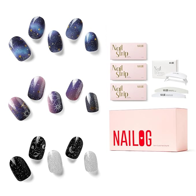 NAILOG Semi Cured Gel Nail Strip Starter Kit - (Include 60Pcs Nail Stickers, 1 UV Lamp and 2 Nail Files) Long Lasting Gel Nail Wraps Gift Kit for Christmas Day, Skyscape