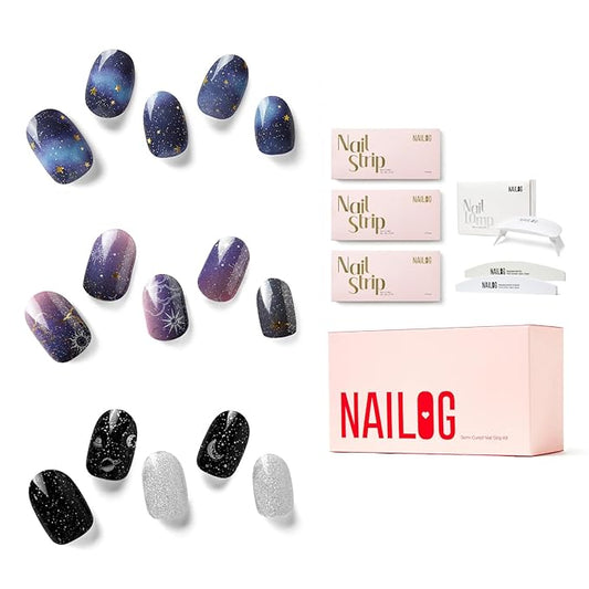 NAILOG Semi Cured Gel Nail Strip Starter Kit - (Include 60Pcs Nail Stickers, 1 UV Lamp and 2 Nail Files) Long Lasting Gel Nail Wraps Gift Kit for Christmas Day, Skyscape