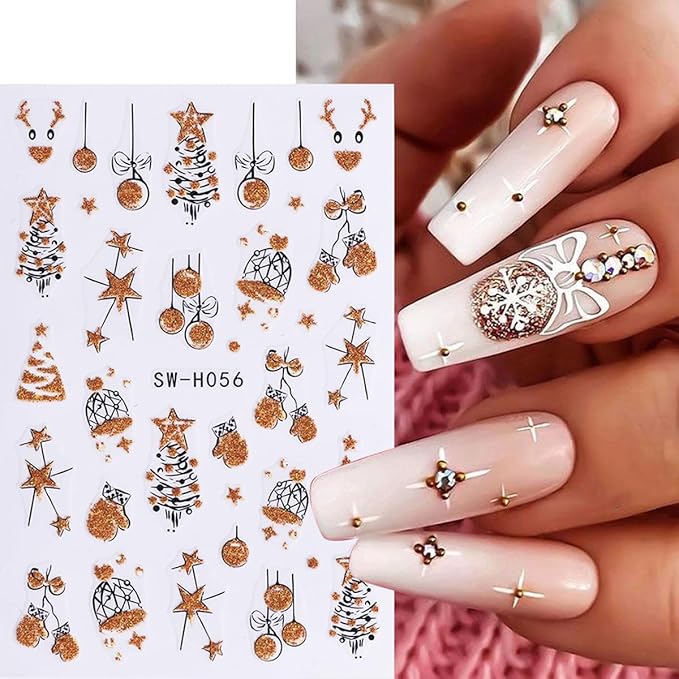Christmas Nail Art Stickers Fireworks Clock Nail Stickers 6PCS Gold Glitter Lantern Ball Champagne Tree 2026 Design 3D Self-Adhesive Xmas Nail Decals Manicure Supply for New Year Nail Art Decorations