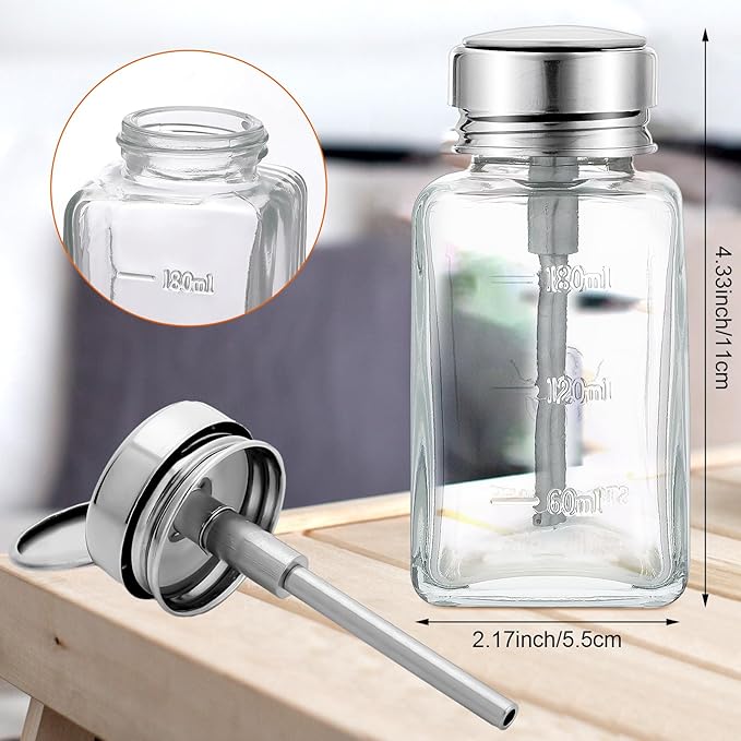 Lallisa 2 Pcs 6 Oz/ 180 ml Clear Pump Dispenser Bottle with Metal Flip Cover Glass Nail Polish Remover Push Down Dispenser Bottle Refillable Push Down Pump Dispenser Press Container for Makeup Remover