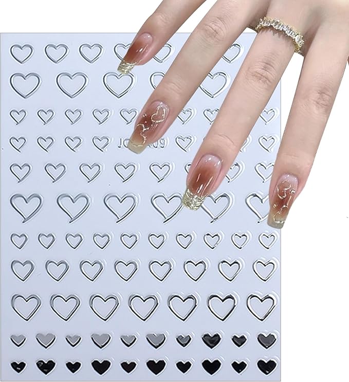 6 Sheets Metallic Mirror Star Nail Art Stickers 3D Shiny Silver Hollow Out Heart Nail Decals French Silver Glitter Star Moon Nail Designs Sticker for Women DIY Manicure Decoration