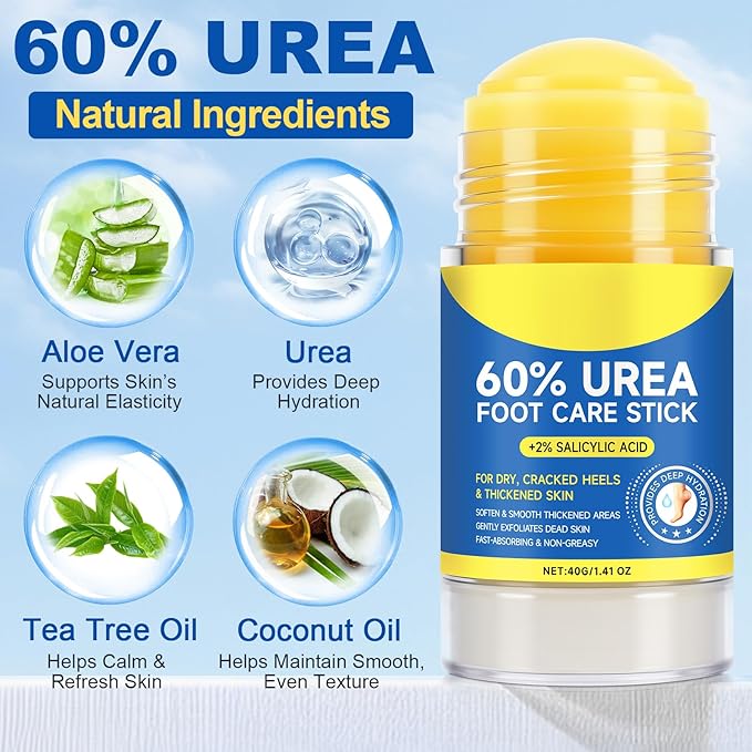 Urea Foot Care Stick - 60% Urea with 2% Salicylic Acid, 1.41oz - Moisturizer for Dry Cracked Feet,Knees,Elbows & Hands,Hydrating Cream,Callus Remover & Skin Softener,Soothes & Repairs Dry Skin
