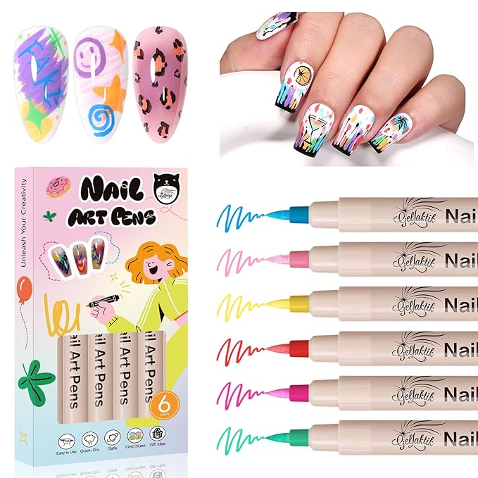 6 Colors Nail Art Pens Set, Halloween Neon 3D Nail Polish Pens 0.7mm, Quick-Drying Acrylic Paint Markers, Dotting Liner Brush for DIY Nail Design, Home & Salon Manicure Tools Beginners Gifts