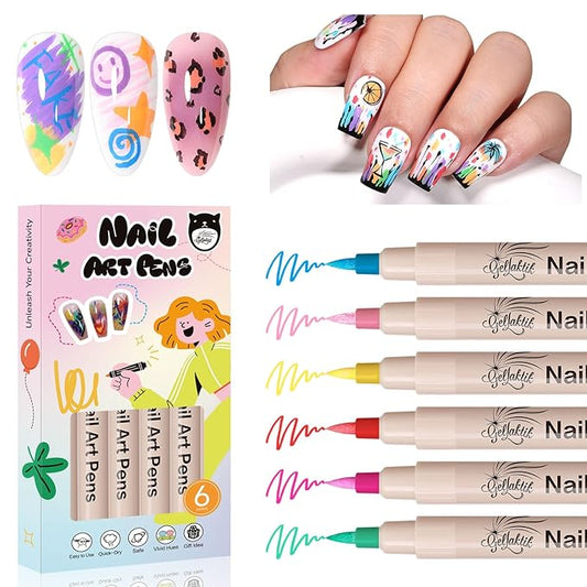 6 Colors Nail Art Pens Set, Halloween Neon 3D Nail Polish Pens 0.7mm, Quick-Drying Acrylic Paint Markers, Dotting Liner Brush for DIY Nail Design, Home & Salon Manicure Tools Beginners Gifts