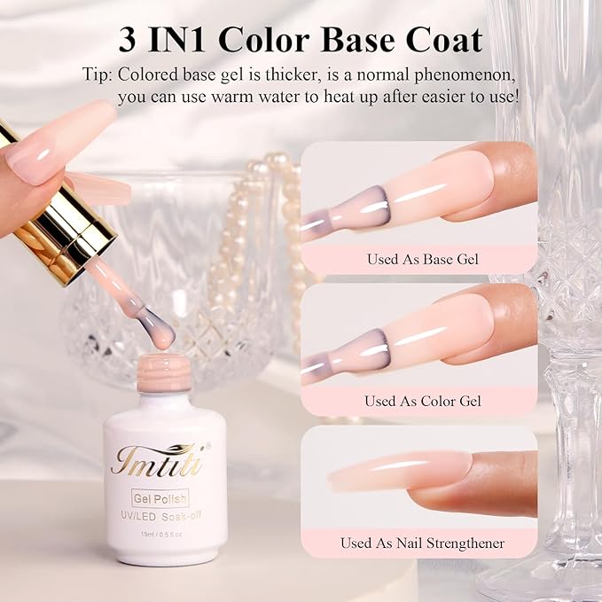 Imtiti Natural Nude Base Gel, 15ML Nail Builder Gel, Sheer Jelly Gel Nail Polish, Strengthener, DIY Nail Art, Soak Off, UV LED