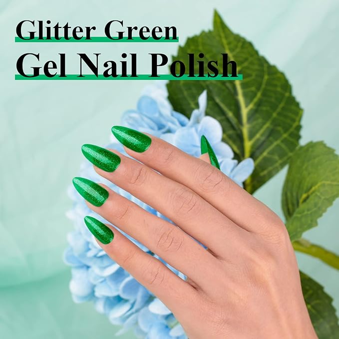 Imtiti Green Glitter Gel Nail Polish, 0.5 fl oz Sparkly Shimmer Christmas Forest Green Color Soak Off Polish for Nail Art Manicure Salon DIY Lamp Design
