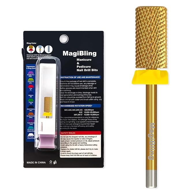 Super Cut Large Barrel Nail Drill Bits, 3/32'' Professional Tungsten Carbide Bits, Remove Hard and Soft Gel Fast, Right Hand Use, Manicure Pedicure Cuticle Gel Polishing, Gold Color, Extra Fine.