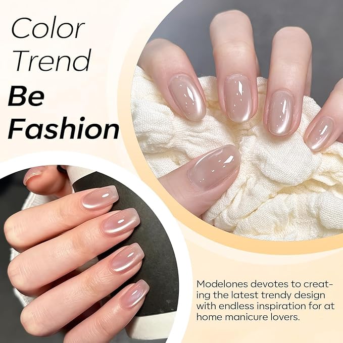 modelones Cat Eye Gel Nail Polish, 15 ML Pearl Nude Glitter Glass Gel Polish with Magnet Soak Off Led Shimmer Shell Thread Brown Nail Polish Top Coat for Women Girl DIY Nail Art Gift