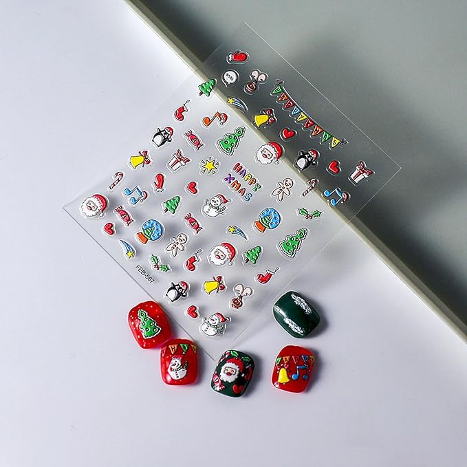 Christmas Nail Stickers for Nail Art - 5D Embossed Nail Decals Santa Claus Gift Nail Art Stickers Self-Adhesive Nail Supplies for Women Winter Xmas Holiday Manicure DIY Nails Decoration