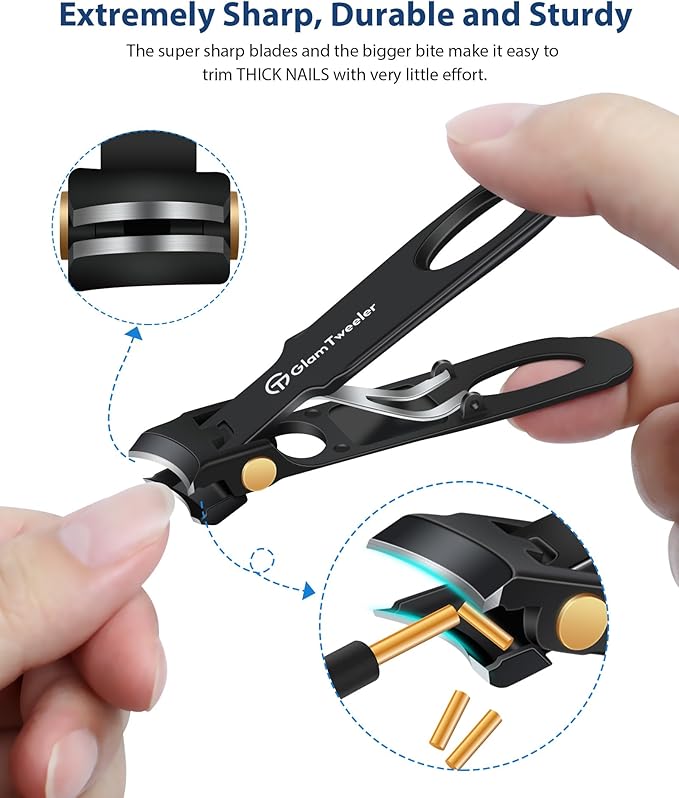 Anti-Splash Wide Jaw Opening Nail Clippers - GlamTweeler Ultra Sharp Extra Large Wide Opening Fingernail and Toenail Clipper with Glass Nail File (Black_Slanted)
