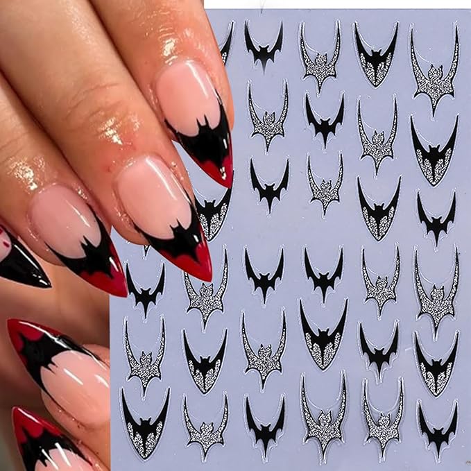 6 Sheets Halloween Bat Nail Stickers for Nail Art 3D Self Adhesive Gothic Bat Nail Decals with Exquisite Gold Silver Glitter French Nail Designs Stickers Holiday Decoration Nails Supply for Women DIY
