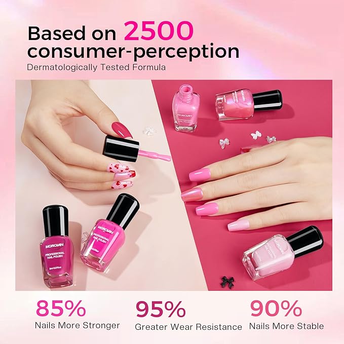 Morovan Pink Nail Polish Set: 6 Colors Neon Hot Pink Nail Polish Glitter Pearl Bright Iridescent Quick Dry Fuchsia Mini Pack Shimmer Manicurist Valentine's Day Gift for Women Girls