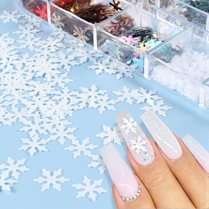 12 Grids Christmas Nail Art Glitter Sequins 3D Holographic Winter Snowflake Nail Art Glitter Flakes Red Gold Silver White Snowflake Designs Xmas Nail Decorations for Acrylic Nails Supplies