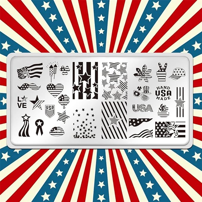 4th of July Nail Art Stamping Plates American Flag Designs Nail Stamp Templates DIY Stainless Steel Star Nail Image Polish Template Manicure Accessories for Women and Girls