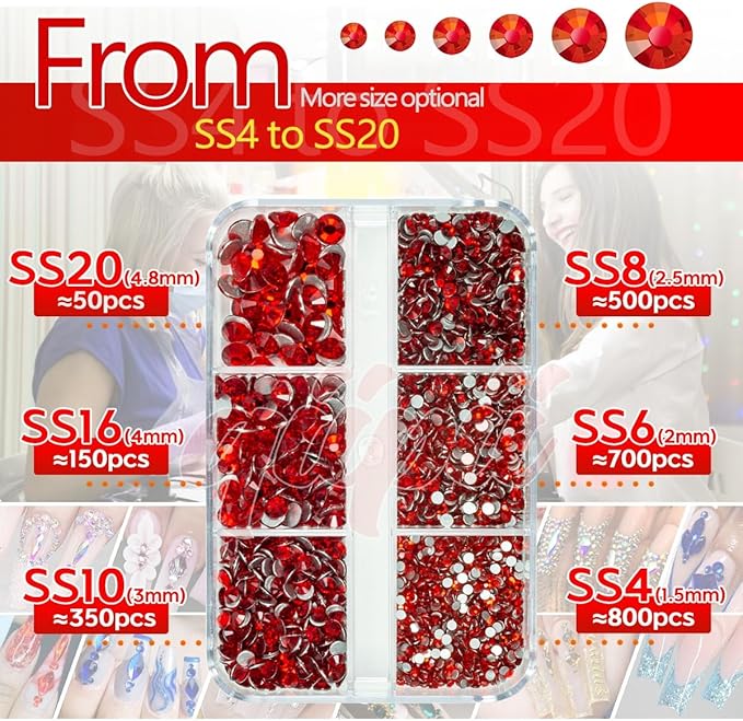 2550pcs Red Nail Art Flatback Rhinestones for Face Makeup Siam Red Nail Gems Gemstones K9 Glass SS4~SS20 6 Sizes Ruby Red Diamonds Stones Crystals w Tweezer & Picking Pen for Nails DIY Crafts