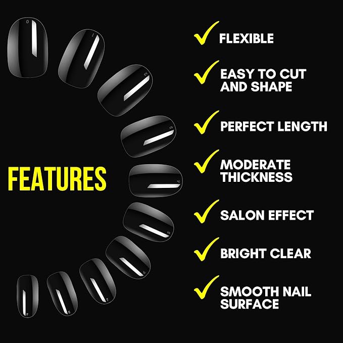 Makartt Short Oval Nail Tips: 500pcs Full Cover Clear Press on Acrylic Nails Extension 10 Sizes Natural Soak Off Soft Gel Manicure Fake Tip Salon DIY Home