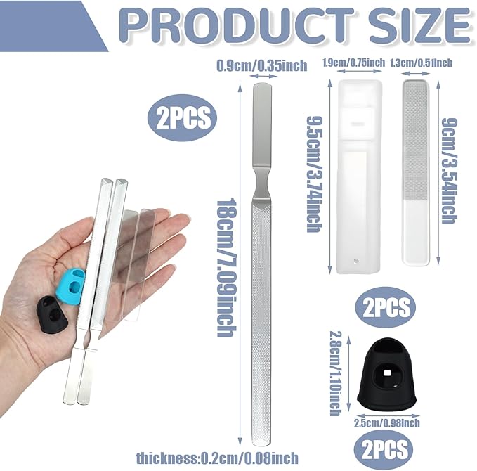 6 Pcs Stainless Steel Toenail File for Thick Nails with 4 Sided Heavy Duty Nail File Surface, Includes 2 Bright Nail Buffers and 2 Thumb Protectors for Tough Toenails Care