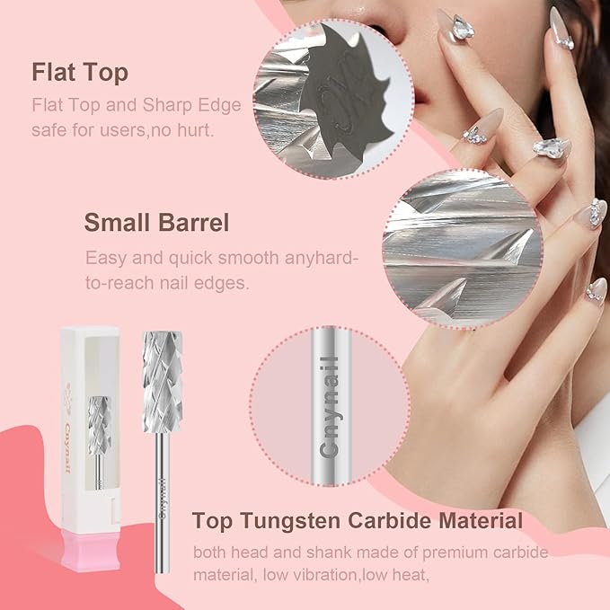 3/32" 5.35MM Small Barrel Flat Top Bit Tungsten Carbide Nail Drill Bit Safety Bit for Gel & Acrylic Removal, Right Way Rotating Efile Tip, Salon Electric File Accessory (5XC Grit, Silver)