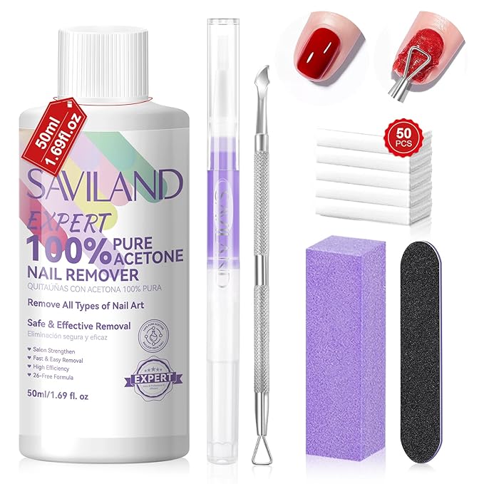 SAVILAND Acetone Nail Polish Remover Kit: 50 ML Expert Gel Nail Polish Remover Non-Drying Gel Remover with Cuticle Oil & Tools Quick Removal for Nail Polish Acrylic Dip Powder DIY Salon