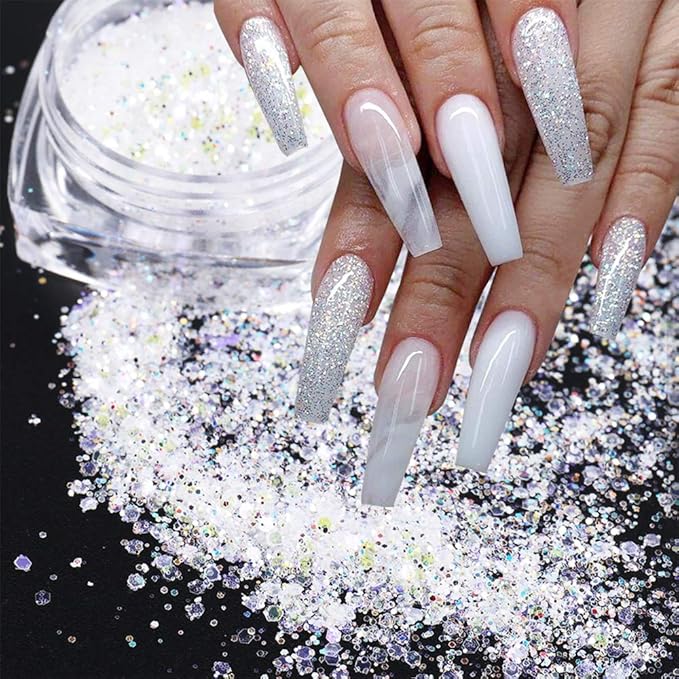 Holographic Nail Art Kits 6 Boxes 3D Glitter Metallic Shining Flakes Acrylic Powder Dust Sequins Decoration Holographic Manicure Tips (Vintage Color)