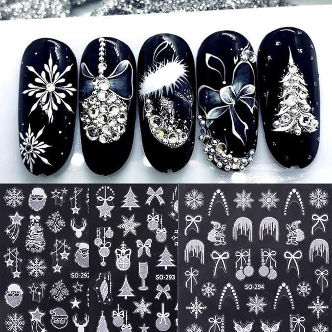 Christmas Nail Art Stickers 3D Self-Adhesive Xmas Nail Decals Snowflake Santa Claus Nail Art Design Supplies 6PCS Silver Glitter Trees Lamp Balls Star Bow Holiday Nail Stickers for Nail Decorations