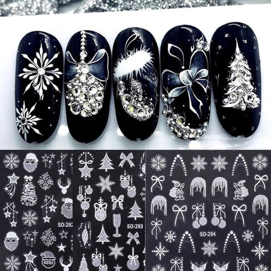 Christmas Nail Art Stickers 3D Self-Adhesive Xmas Nail Decals Snowflake Santa Claus Nail Art Design Supplies 6PCS Silver Glitter Trees Lamp Balls Star Bow Holiday Nail Stickers for Nail Decorations