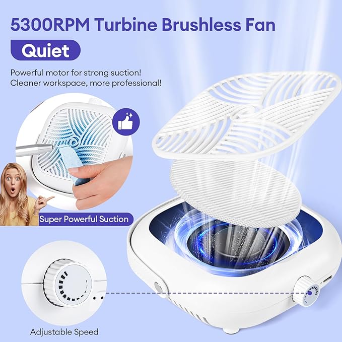Mini Rechargeable Nail Dust Collector, Small Quiet & Cordless Vacuum Nail Tech Fan Dust Collector, 60° Standing Design for Nail Art, 600Pa, Low Noise, Salon and Home Use