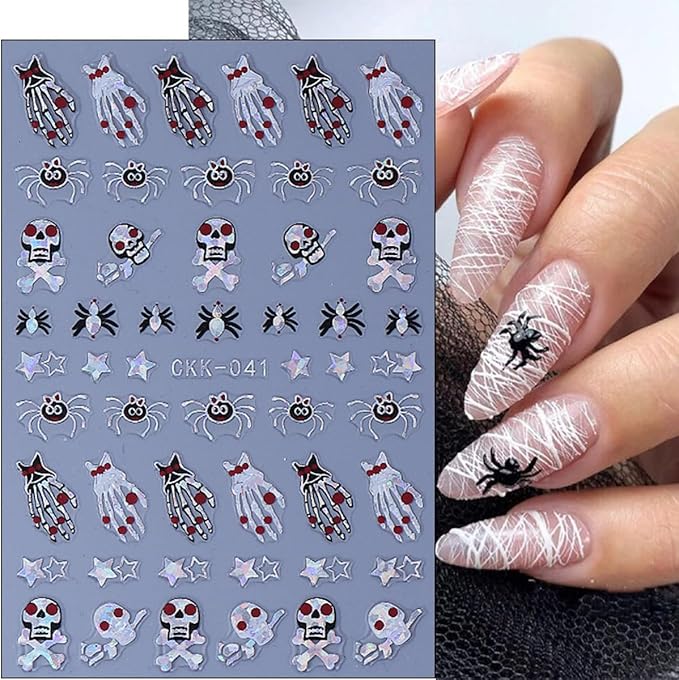 6Pcs Halloween Nail Stickers 3D Horror Skeleton Nail Decals Self Adhesive Snake Ghost Blood Hand Bone Knife Design Goth Nail Art Sticker Laser Skull Spider Nail Supplies for Women DIY Holiday Manicure