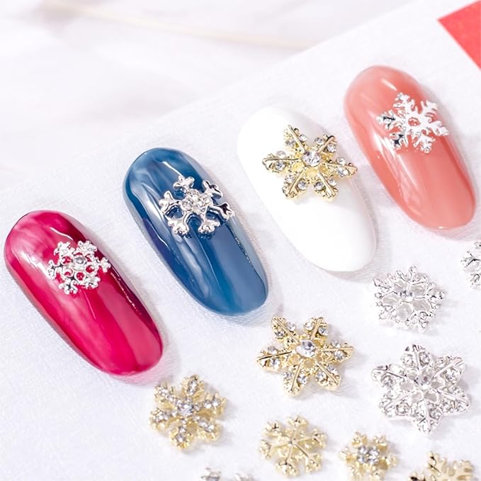 28 Pcs Christmas Nail Art Charms - Gold & Silver Snowflake NailArt Rhinestones & Gems for Acrylic Nails